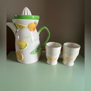 Vintage- 1961 NAPCO CERAMIC FRUIT PITCHER REAMER & 2 JUICE GLASSES C-5352- JAPAN